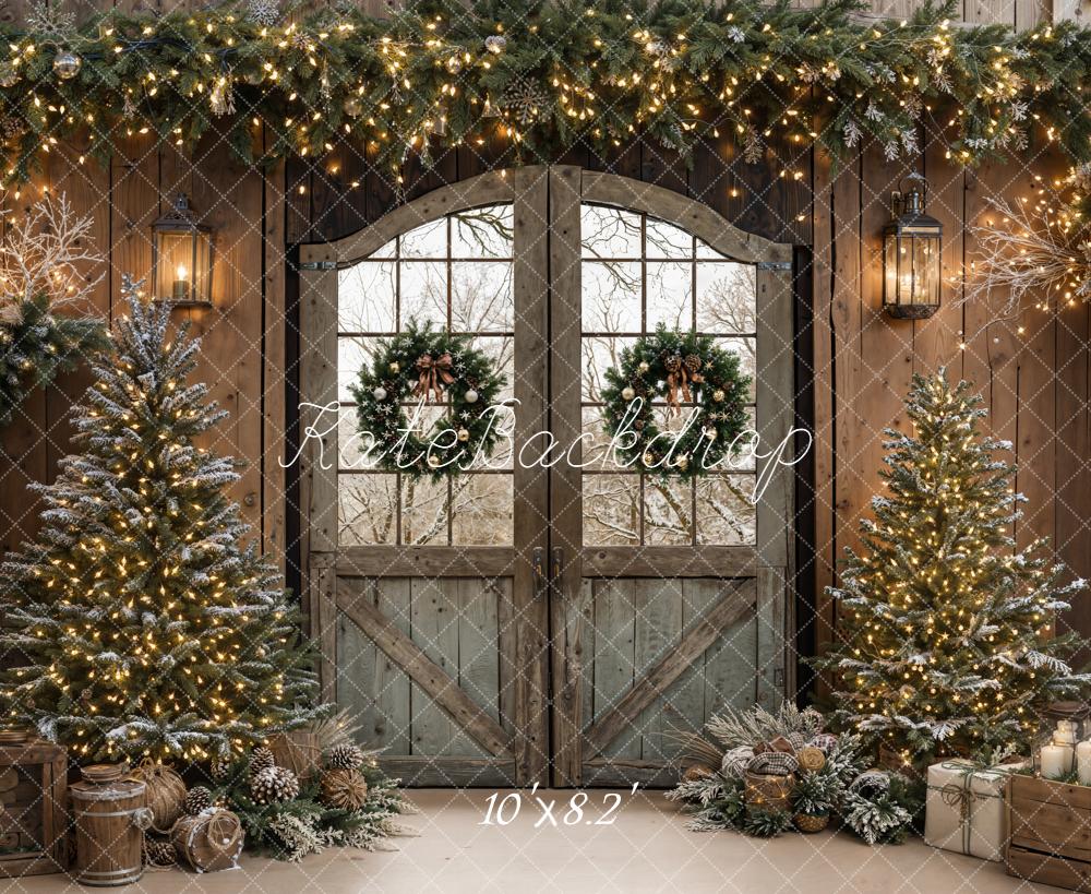 Kate Christmas Barn Door Garland Trees Backdrop Designed by Emetselch - Kate Backdrop AU