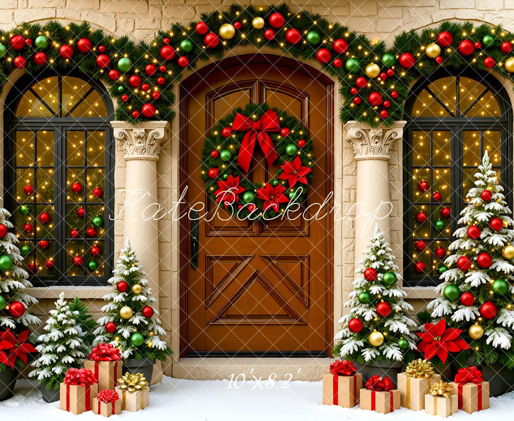 Kate Christmas Wreath Snowy Trees Backdrop Designed by Mini MakeBelieve - Kate Backdrop AU