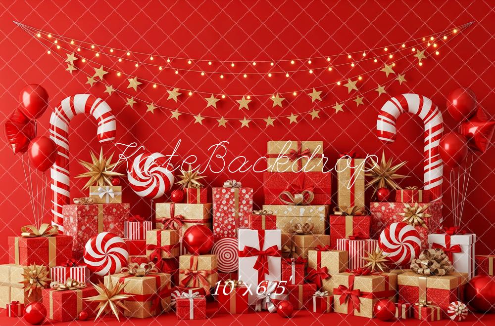 Kate Christmas Presents Candy Canes Red Backdrop Designed by Patty Roberts