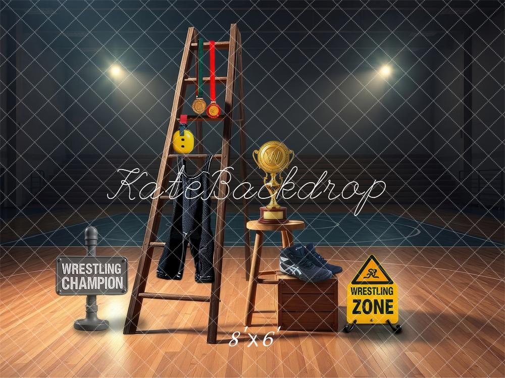 Kate Wrestling Champion Medals Shoes Trophy Gym Backdrop Designed by Laura Bybee - Kate Backdrop AU
