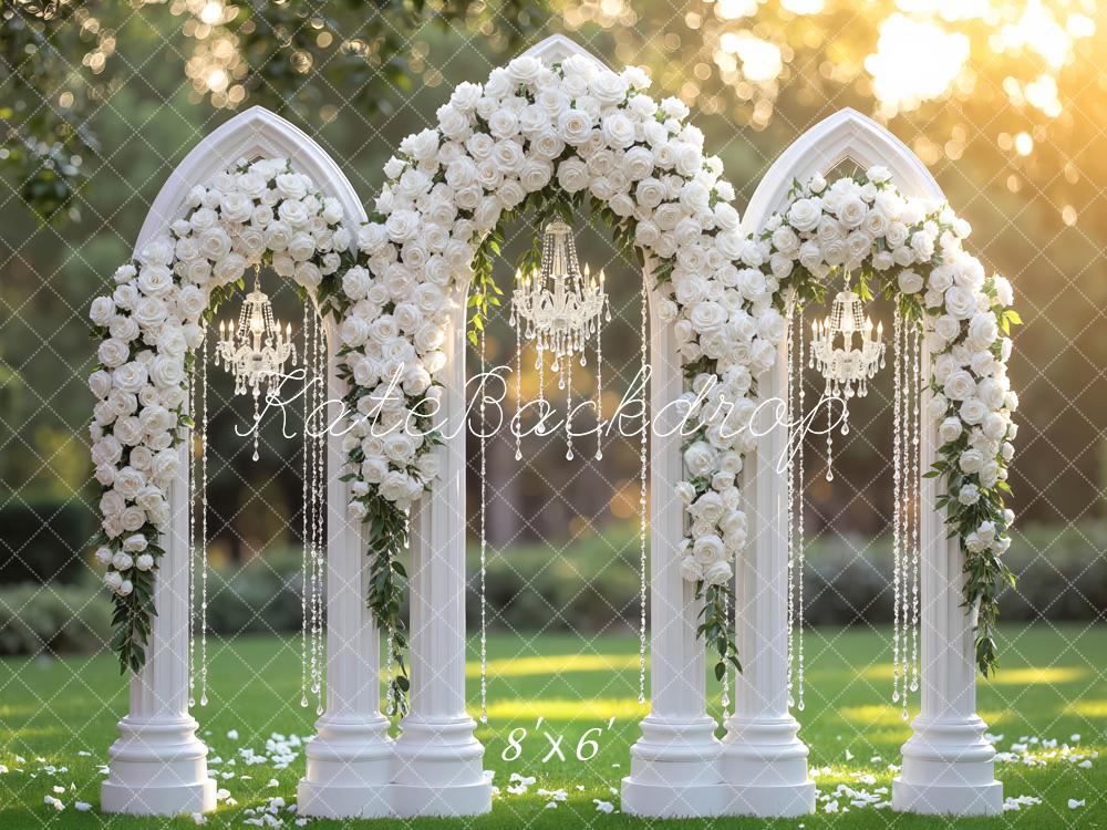 Kate Wedding Flower Arch Chandelier Columns Backdrop Designed by Mini MakeBelieve