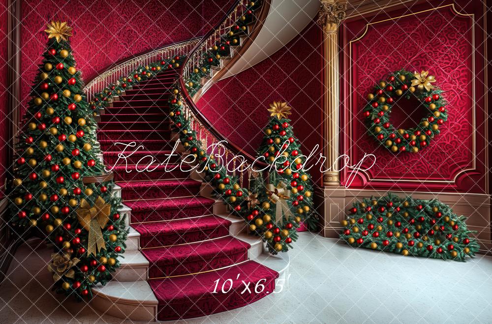 Kate Christmas Cascading Stairs Tree Wreath Red Backdrop Designed by Mini MakeBelieve - Kate Backdrop AU