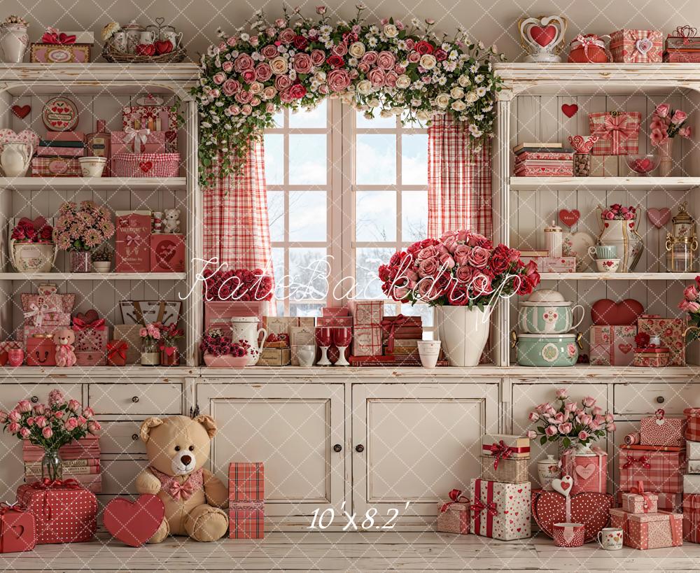 Kate Valentine Roses Teddy Gifts Shelf Fleece Backdrop Designed by Emetselch - Kate Backdrop AU