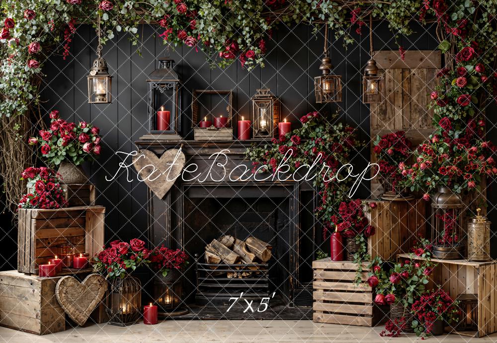 Kate Valentine Fireplace Roses Black Wall Backdrop Designed by Emetselch