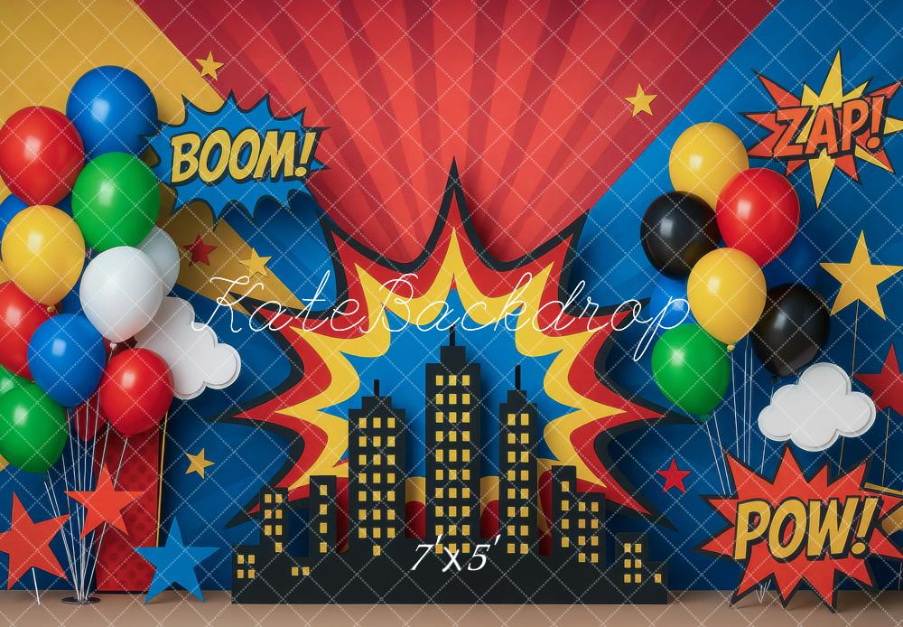 Kate Comic City Skyline Balloons Stars Backdrop Designed by Mini MakeBelieve