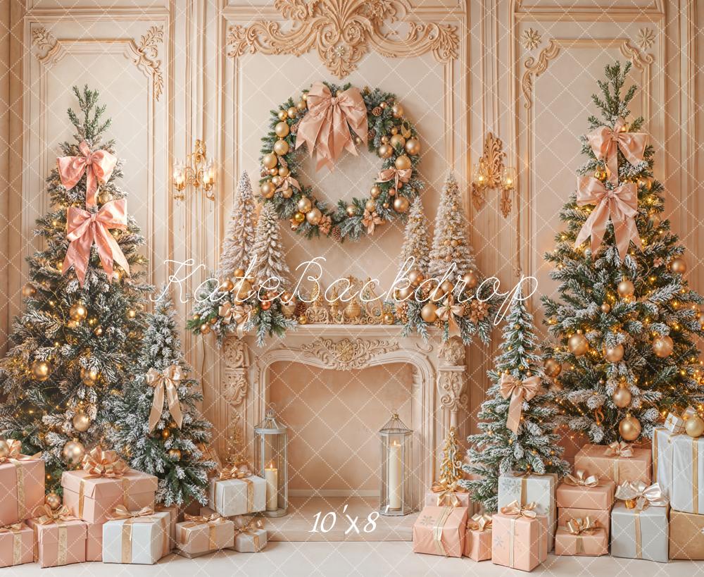 Kate Christmas Fireplace Trees Wreath Fleece Backdrop Designed by Emetselch - Kate Backdrop AU