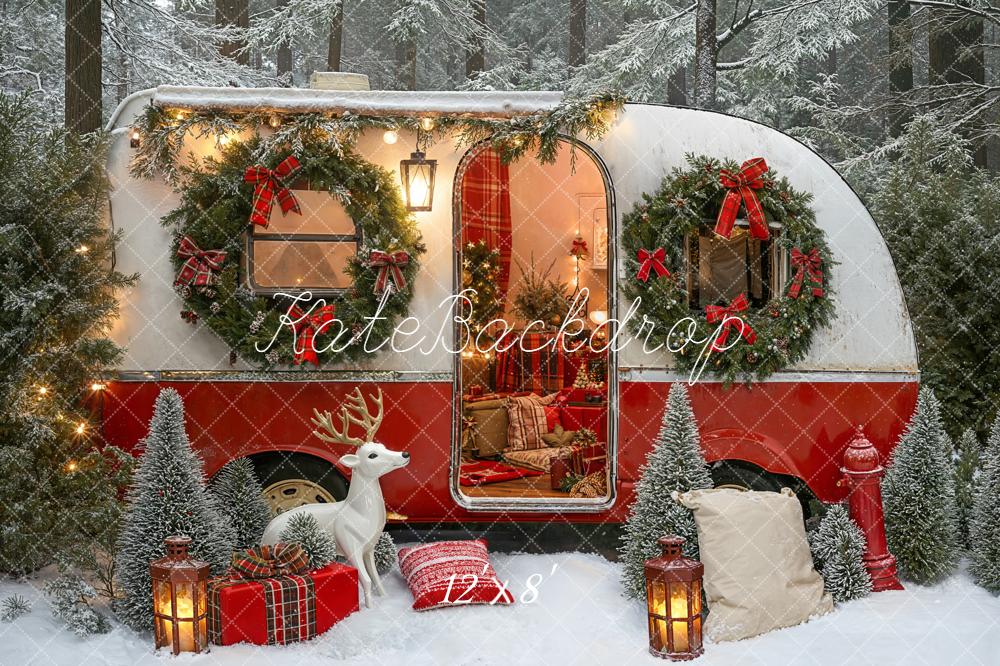 Kate Christmas Caravan Wreaths Reindeer Forest Fleece Backdrop Designed by Emetselch