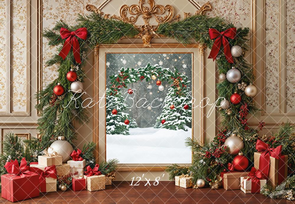Kate Christmas Garland Presents Snowy Trees Fleece Backdrop Designed by Emetselch - Kate Backdrop AU