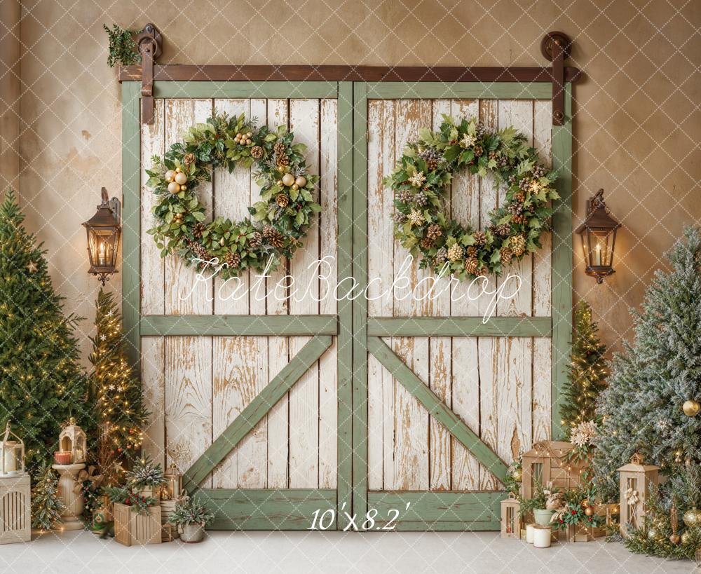 Kate Christmas Green Barn Door Wreaths Trees Backdrop Designed by Emetselch
