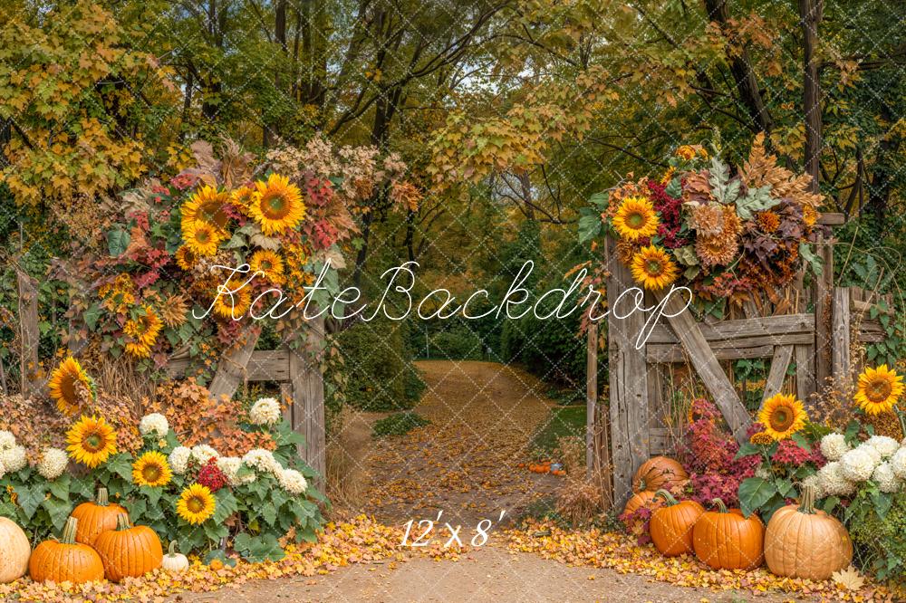 Kate Autumn Sunflowers Pumpkins Rustic Fence Backdrop Designed by Emetselch