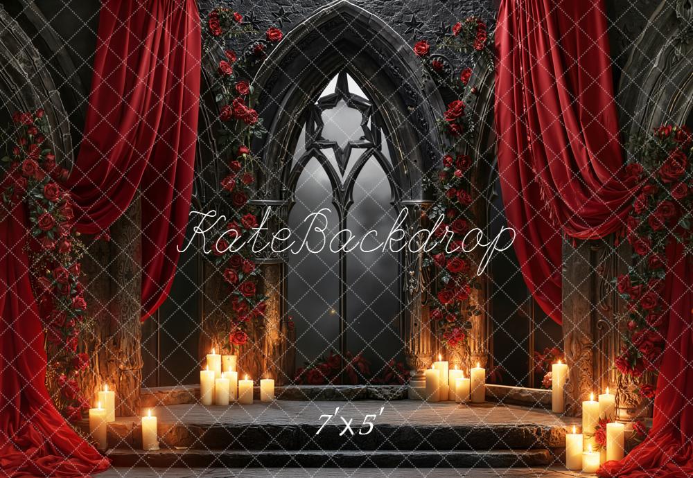 Kate Gothic Arch Red Drapes Roses Candles Backdrop Designed by Emetselch