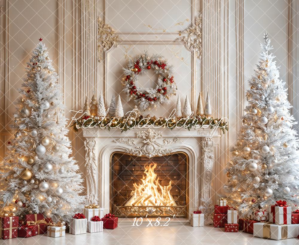 Kate Christmas White Trees Fireplace Backdrop Designed by Emetselch