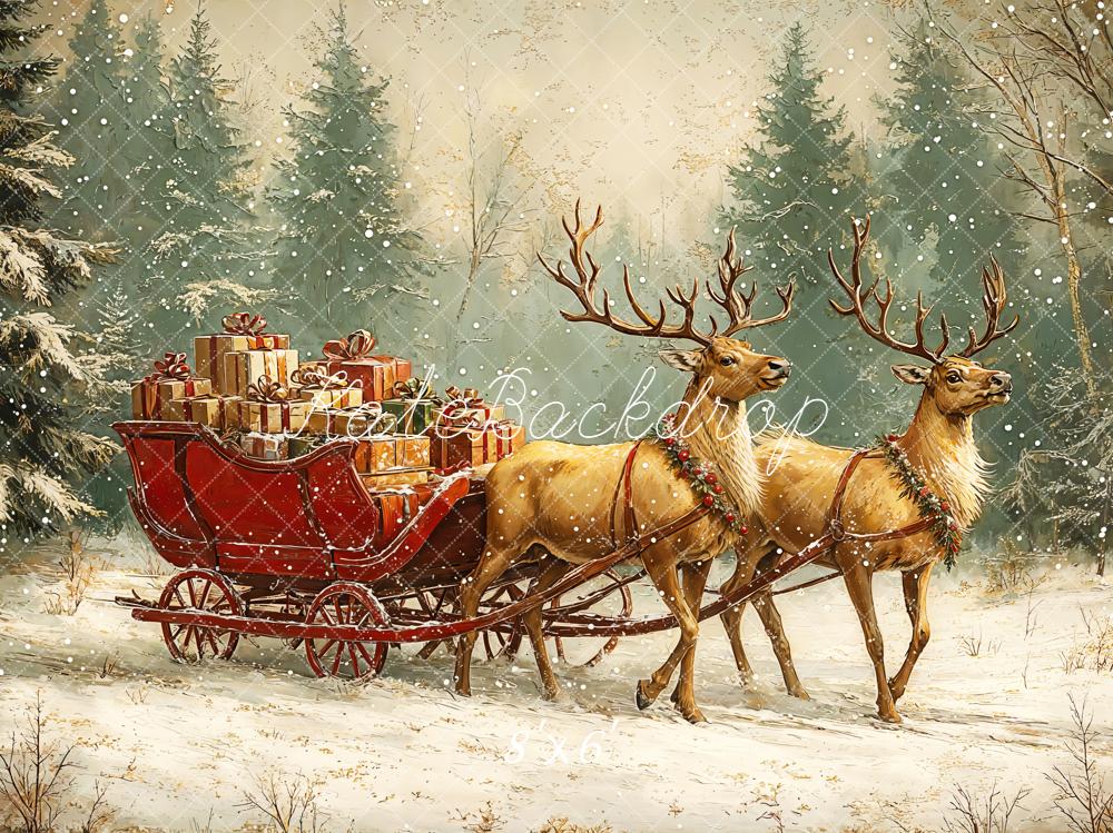 Kate Christmas Backdrop Reindeer Sled Presents Snow Designed by GQ - Kate Backdrop AU