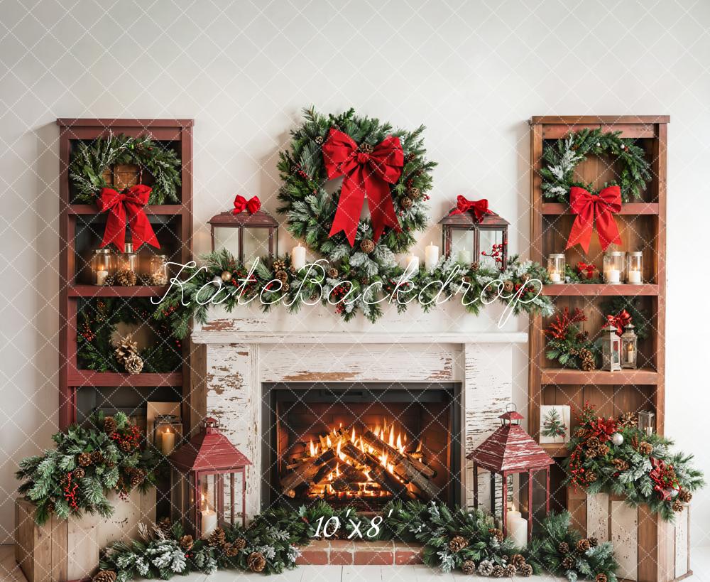 Kate Christmas Fireplace Red Bows Fleece Backdrop Designed by Emetselch - Kate Backdrop AU