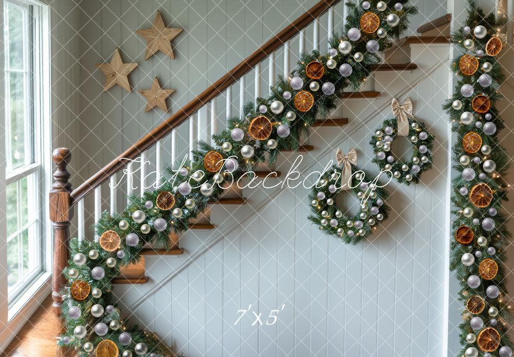 Kate Christmas Staircase Garland Stars Wreaths Backdrop Designed by Mini MakeBelieve - Kate Backdrop AU