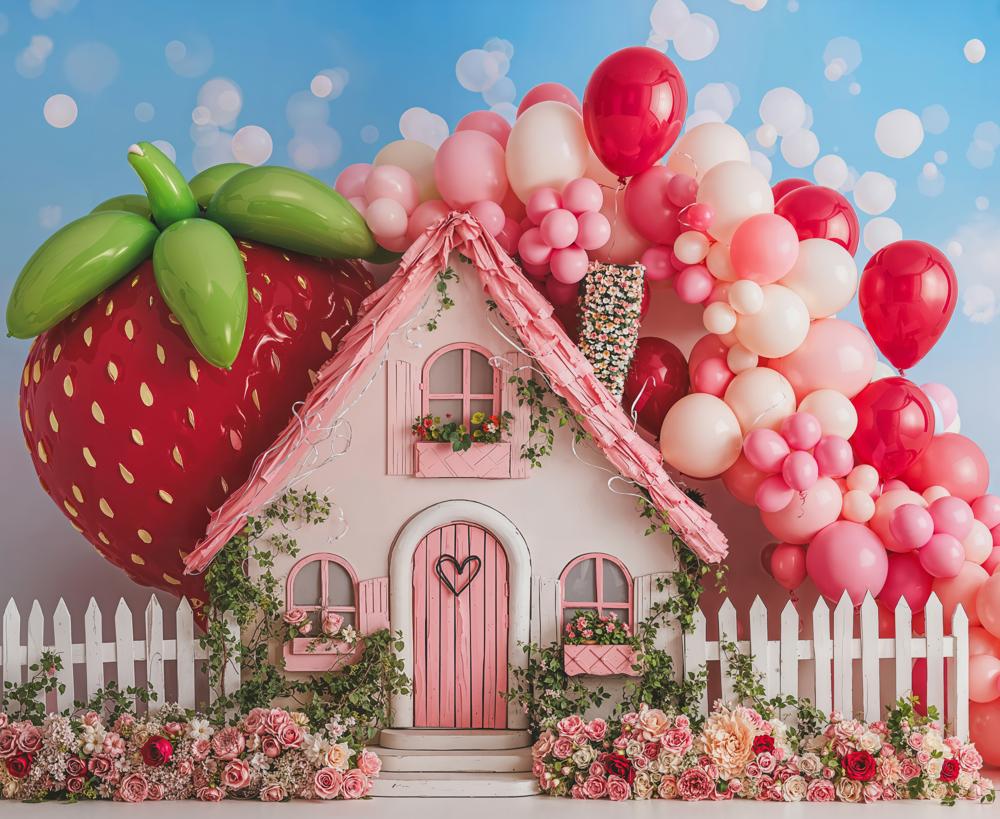 Kate Strawberry Balloon Cottage Pink Backdrop Designed by Emetselch - Kate Backdrop AU