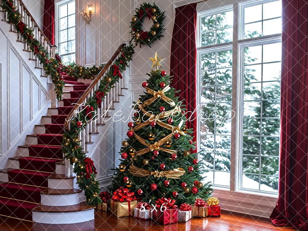 Kate Christmas Tree Staircase Window Presents Backdrop Designed by Mini MakeBelieve - Kate Backdrop AU