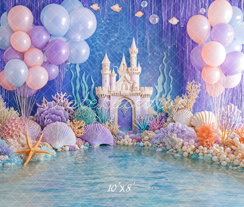 Kate Mermaid Castle Coral Seashell Balloons Fleece Backdrop Designed by Emetselch - Kate Backdrop AU