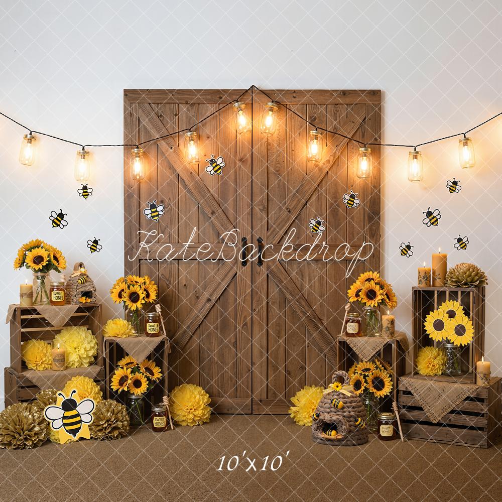 Kate Bee Sunflower Honeycomb Rustic Wood Backdrop Designed by Emetselch