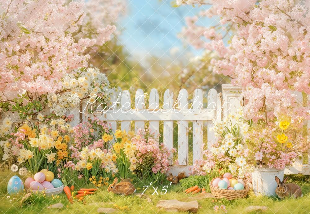 Kate Easter Bunny Flowers White Fence Backdrop Designed by Emetselch