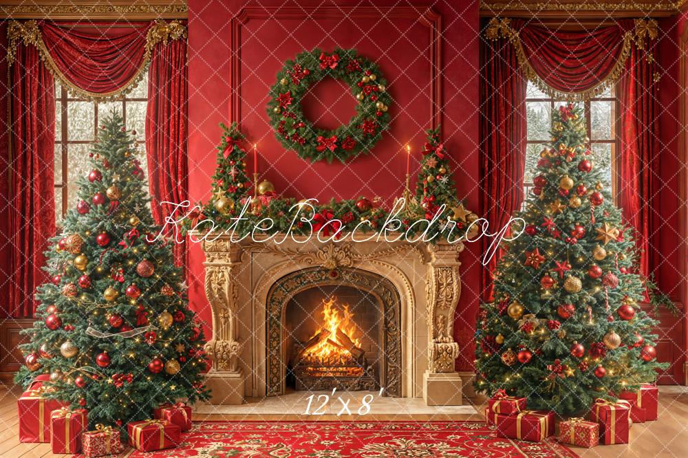 Kate Christmas Fireplace Red Wall Fleece Backdrop Designed by Emetselch - Kate Backdrop AU