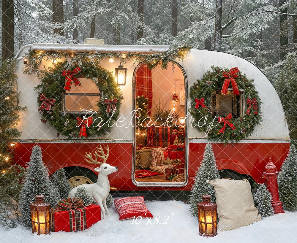 Kate Christmas Caravan Wreaths Reindeer Forest Fleece Backdrop Designed by Emetselch