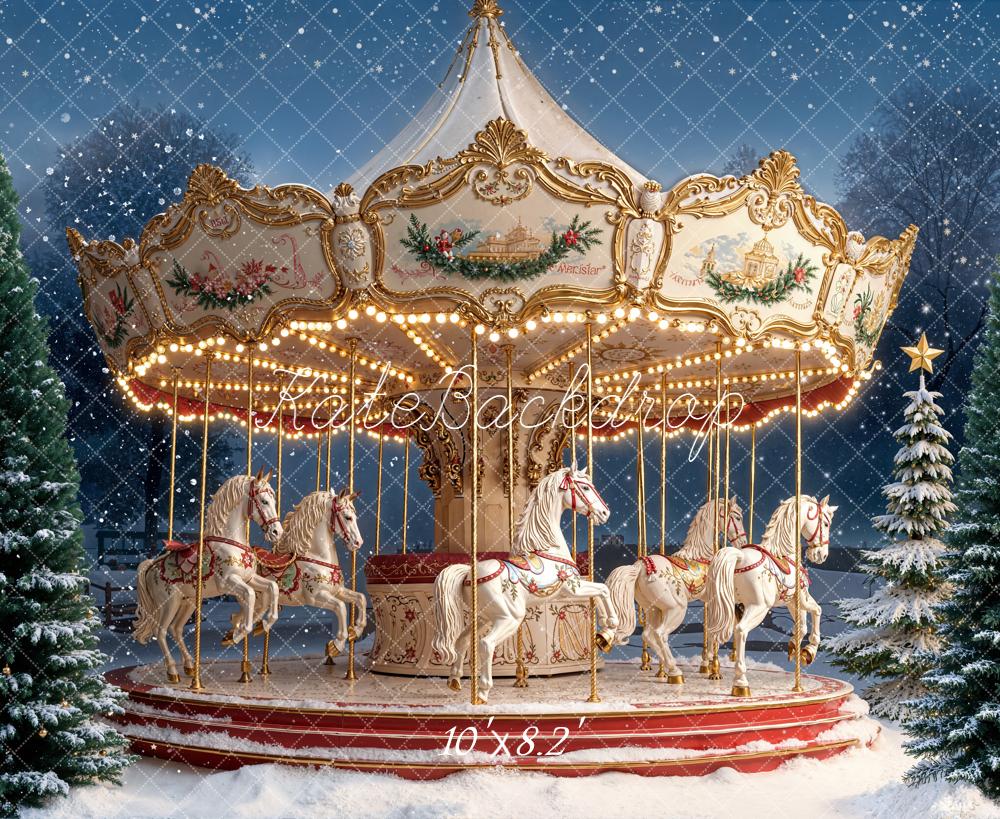 Kate Carousel Snow Winter Trees Backdrop Designed by Emetselch