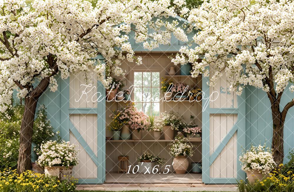 Kate Spring Flower Shed Blossoms Blue Fleece Backdrop Designed by Emetselch