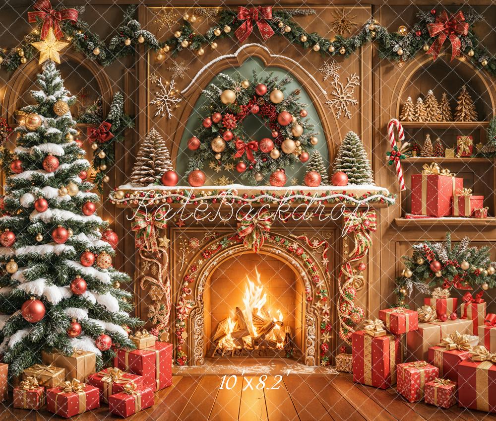 Kate Christmas Fireplace Tree Presents Fleece Backdrop Designed by Emetselch