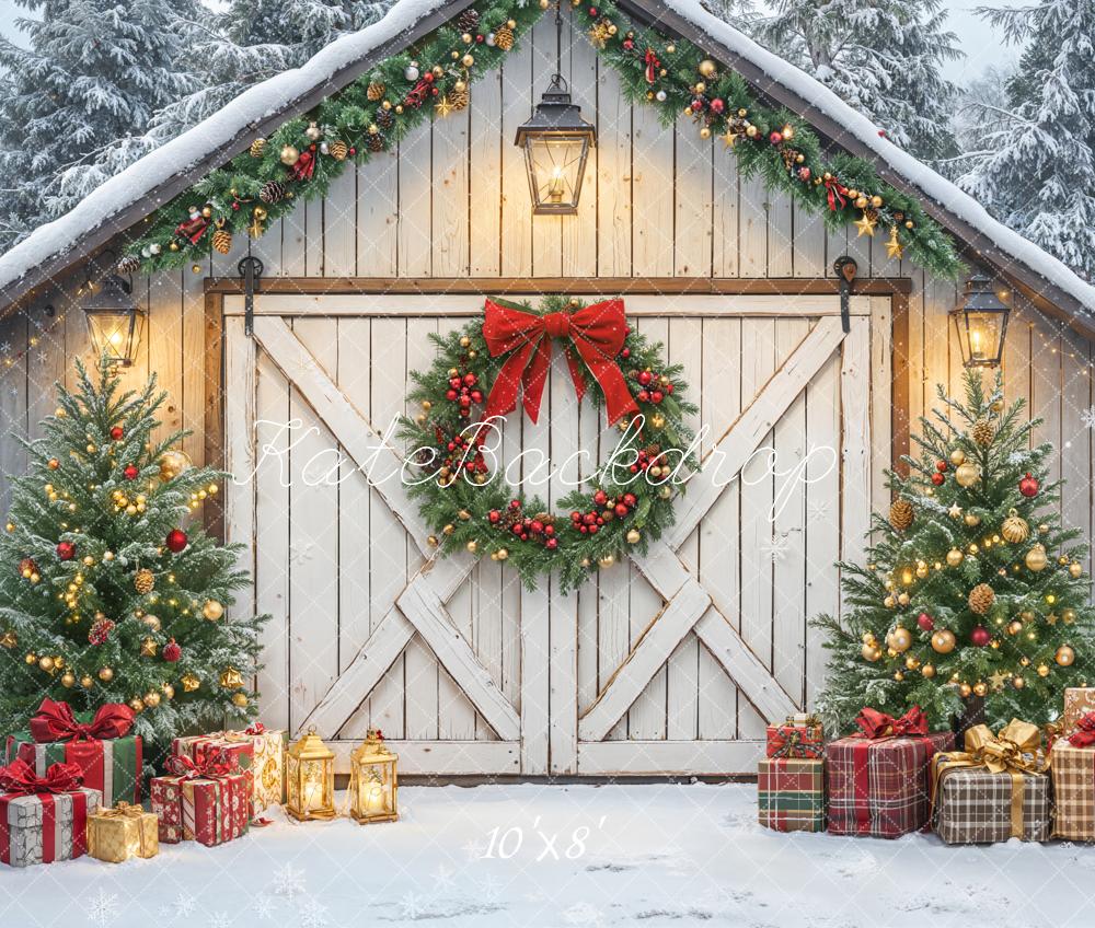 Kate Christmas Barn Door Wreath Gift Boxes Fleece Backdrop Designed by Emetselch - Kate Backdrop AU