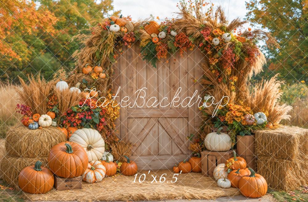 Kate Autumn Backdrop Pumpkins Hay Bales Barn Door Designed by Emetselch - Kate Backdrop AU