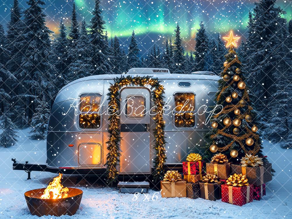 Kate Christmas Caravan Tree Aurora Snow Backdrop Designed by Mini MakeBelieve - Kate Backdrop AU