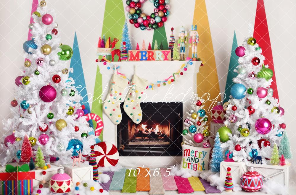 Kate Christmas Fireplace Trees Colourful Backdrop Designed by Mandy Ringe
