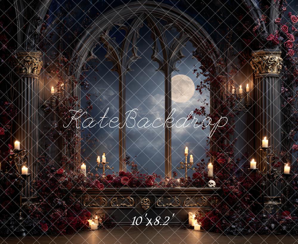Kate Gothic Arched Windows Candlelight Roses Backdrop Designed by Ashley Paul