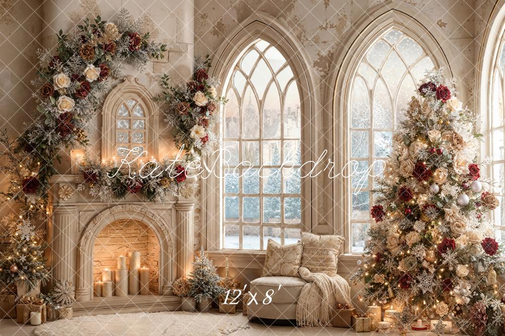 Kate Christmas Fireplace Floral Arch Tree Fleece Backdrop Designed by Emetselch