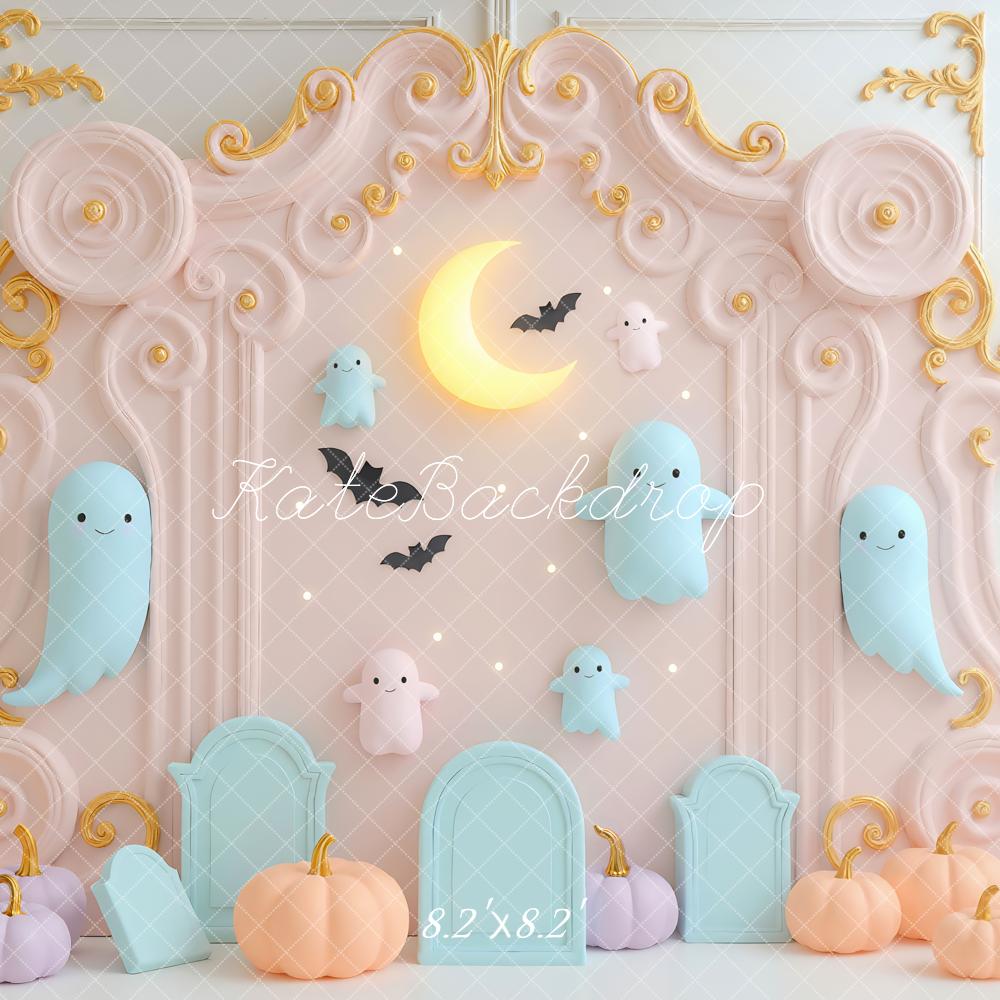 Kate Halloween Ghost Moon Pastel Pumpkins Backdrop Designed by Mini MakeBelieve