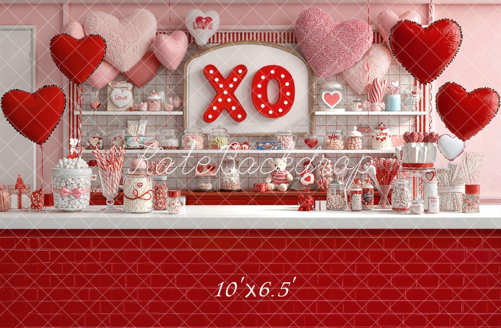 Kate Valentine Candy Shop Hearts Red Backdrop Designed by Emetselch