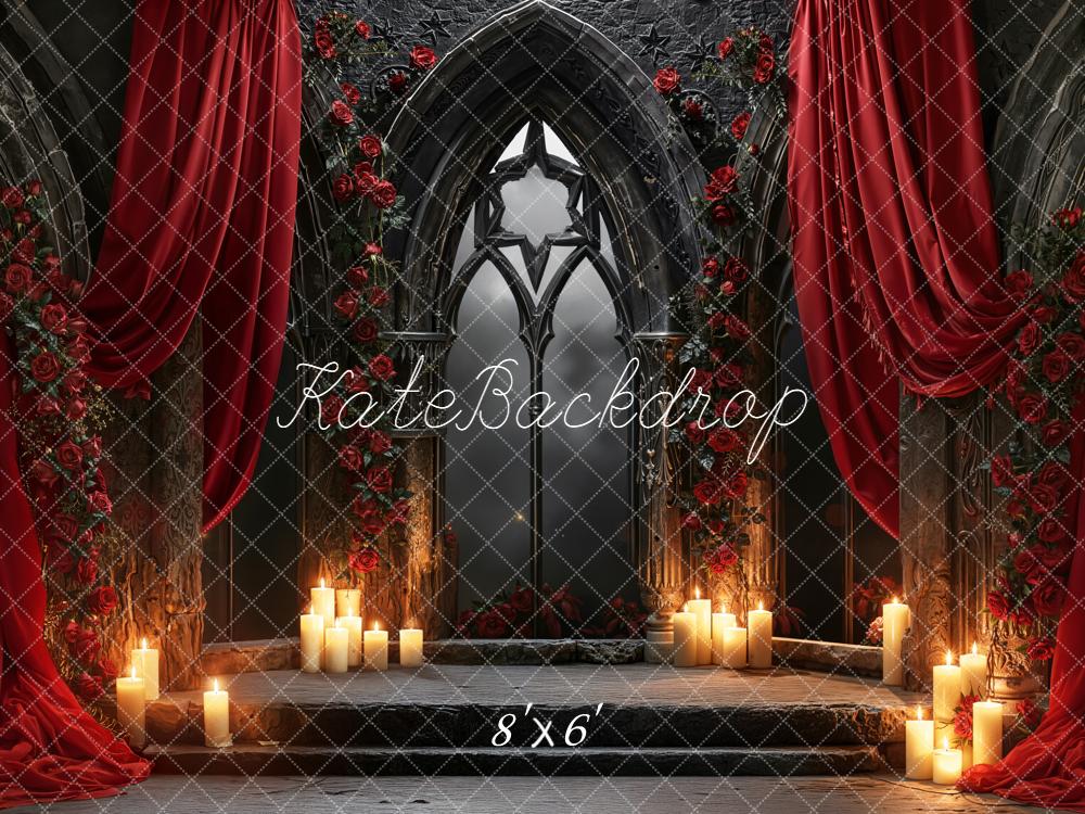 Kate Gothic Arch Red Drapes Roses Candles Backdrop Designed by Emetselch