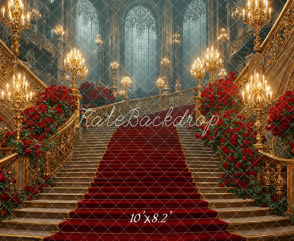 Kate Cascading Stairs Red Roses Grand Chandeliers Backdrop Designed by Emetselch