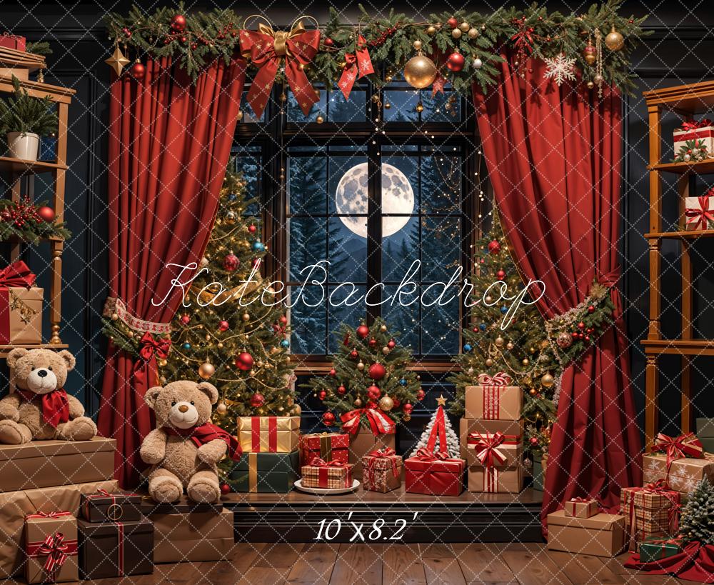 Kate Christmas Teddy Bears Red Curtains Backdrop Designed by Emetselch