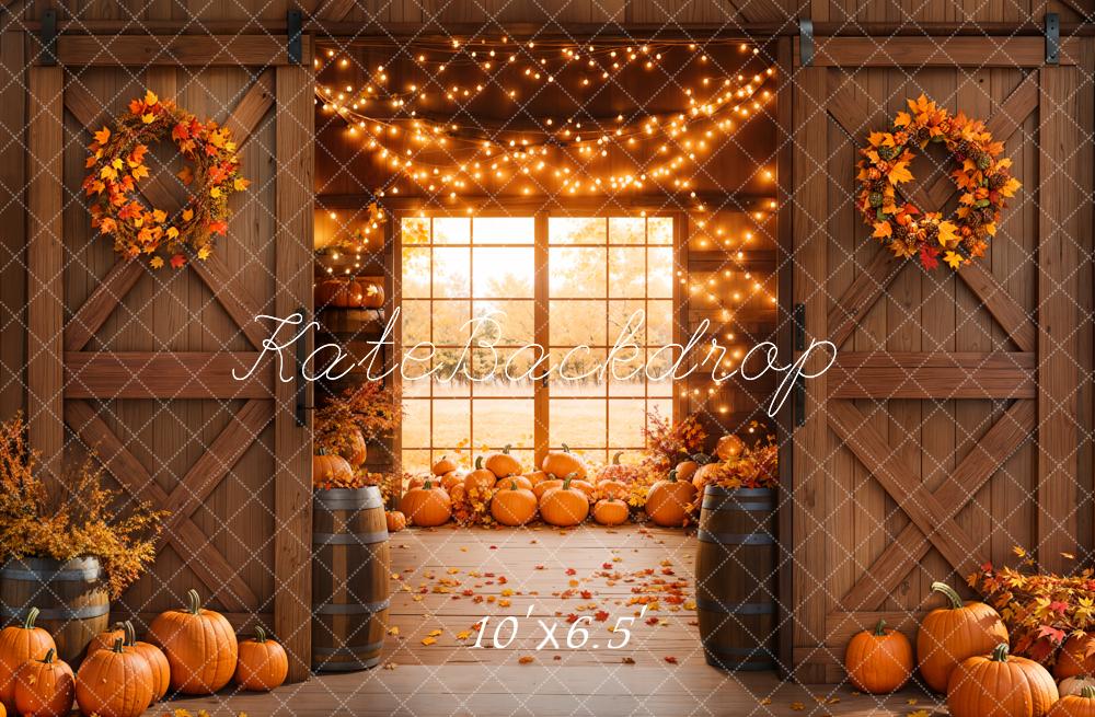 Kate Autumn Barn Pumpkins Lights Backdrop Designed by Emetselch