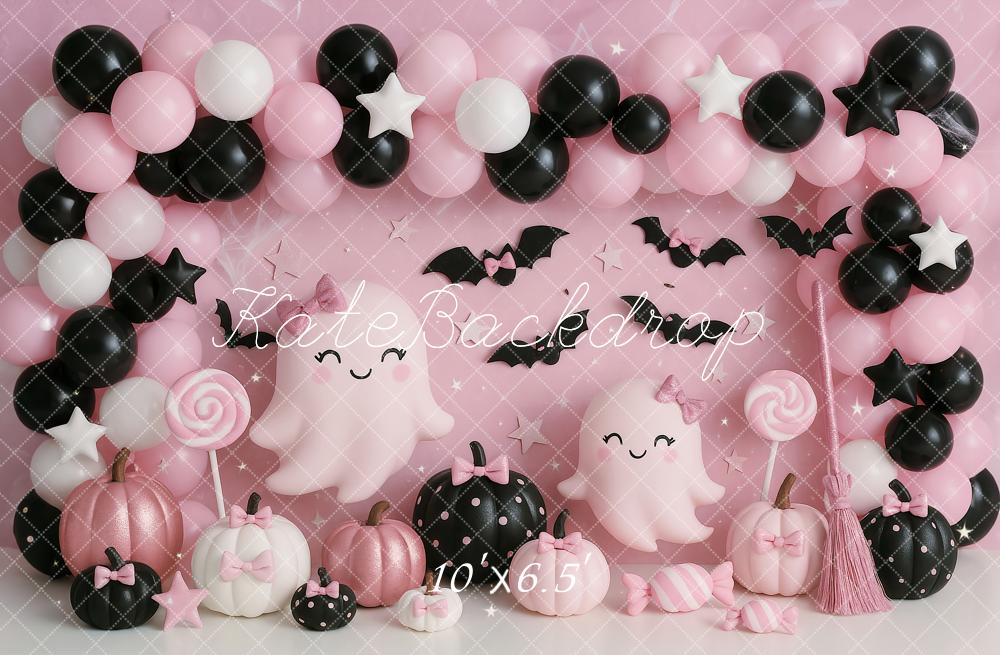 Kate Halloween Ghost Balloons Pumpkins Backdrop Designed by Ashley Paul - Kate Backdrop AU