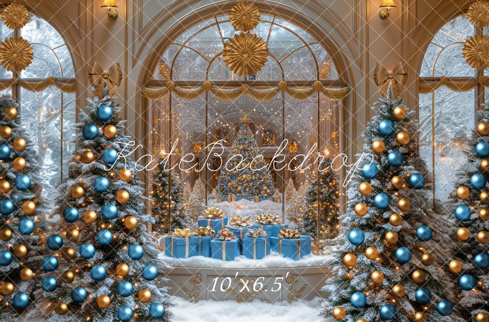 Kate Christmas Blue Gold Ornaments Snowy Trees Backdrop Designed by Mini MakeBelieve - Kate Backdrop AU