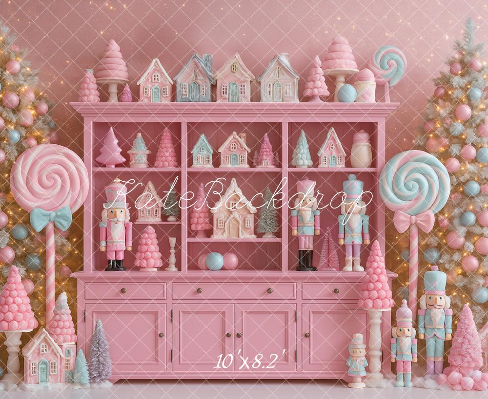 Kate Christmas Pink Candy Nutcracker Trees Backdrop Designed by Ashley Paul