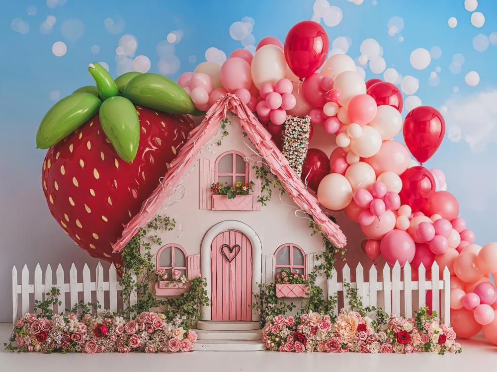 Kate Strawberry Balloon Cottage Pink Backdrop Designed by Emetselch - Kate Backdrop AU