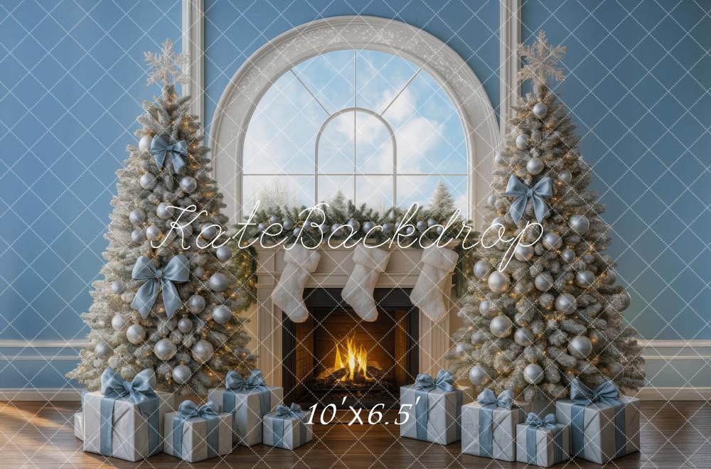 Kate Christmas Tree Fireplace Blue Backdrop Designed by Mini MakeBelieve