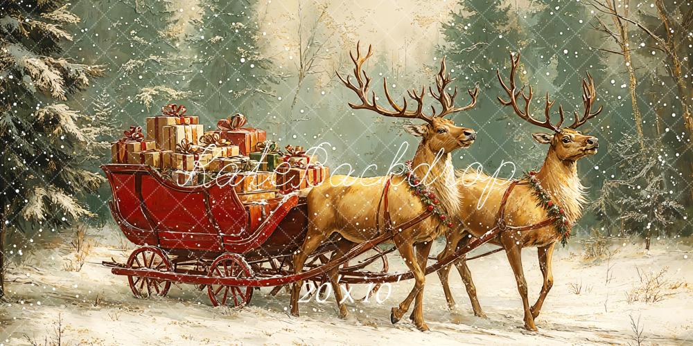 Kate Christmas Backdrop Reindeer Sled Presents Snow Designed by GQ - Kate Backdrop AU