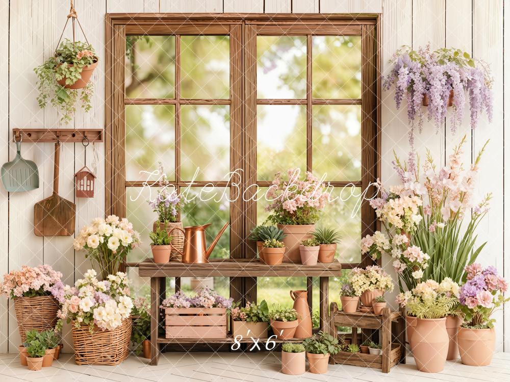 Kate Spring Flower Pots Wooden Window Backdrop Designed by Emetselch