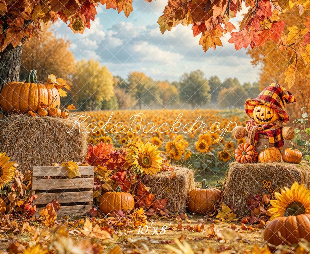 Kate Fall Pumpkins Hay Sunflowers Fleece Backdrop Designed by Emetselch - Kate Backdrop AU