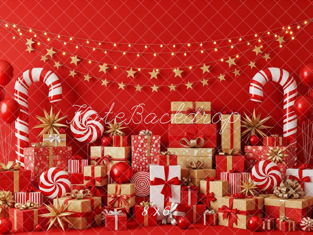 Kate Christmas Presents Candy Canes Red Backdrop Designed by Patty Roberts